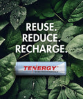 Tenergy rechargeable AA battery on leafy background with text 'Reuse. Reduce. Recharge.' promoting eco-friendly energy solutions.