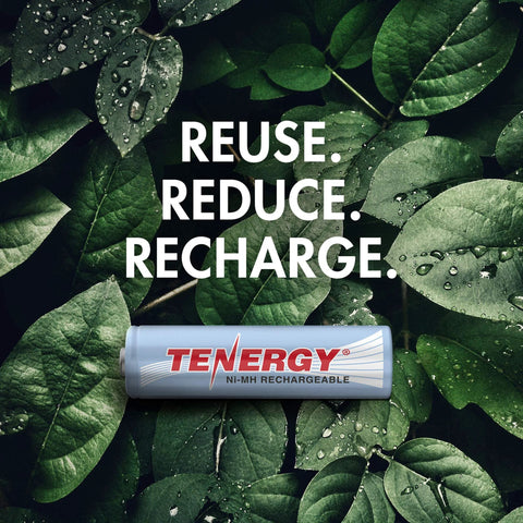 Tenergy rechargeable AA battery on leafy background with text 'Reuse. Reduce. Recharge.' promoting eco-friendly energy solutions.