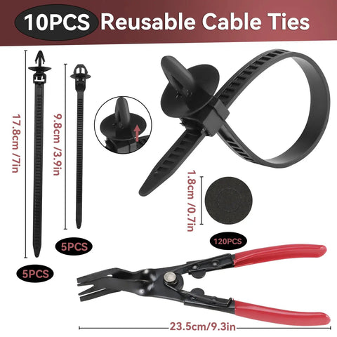 Close-up of 10 reusable cable ties and removal tool from 2080Pcs Car Retainer Clips And Fasteners Kit With 33 Universal Sizes