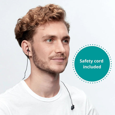 Man wearing Construction Earplugs For Adults Reusable Hypoallergenic Noise Reduction Ear Protection with safety cord