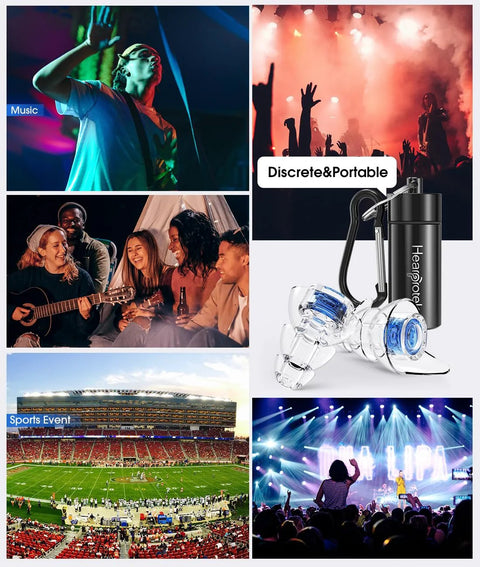 Collage of concert scenes, party, sports event, and Reusable High Fidelity Musician Ear Plugs For Concerts And Loud Music Protection