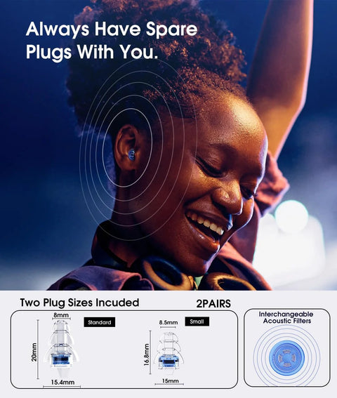 Reusable High Fidelity Musician Ear Plugs for Concerts and Loud Music Protection with 20 dB Noise Reduction, two sizes shown