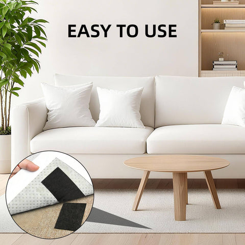 Image of a living room with a sofa, a wooden table, and a close-up inset showing a pad from the Reusable Hook And Loop Pad Set With Self Adhesive Interlocking Strips 10 Pairs For Picture Hanging Strips Fastener Rug Gripper And Double Sided Carpet Tape For Indoor Outdoor Home And Office.
