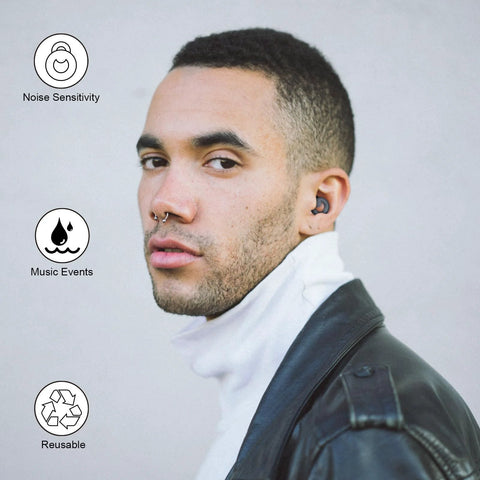 Person wearing Noise Cancelling Ear Plugs For Sleep Work Study And Travel With 8 Size Silicone Eartips Up To 30dB Noise Reduction