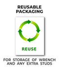 Reusable packaging for Half Inch Steel Tip Black Football Studs 14 Pack With Wrench, featuring recycle symbol for storage use.