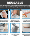 Different uses for packing paper including cleaning, cushioning, paint protection, pet potty, crafts, and pot mats.