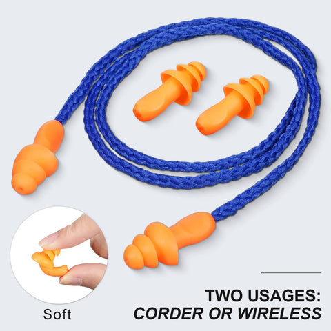 Reusable Silicone Corded Ear Plugs Two Bags Of 100 Pairs Each Individually Wrapped Hearing Protection in orange with blue cord