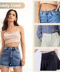 Eight Set Pant Waist Tightener Pins For Loose Jeans No Sewing Or Tools Reusable Waist Cincher Clips For Women; various outfits.