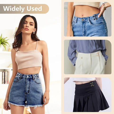Eight Set Pant Waist Tightener Pins For Loose Jeans No Sewing Or Tools Reusable Waist Cincher Clips For Women; various outfits.