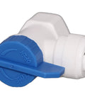 Blue and white valve for compact RO storage tank, open and close markings visible