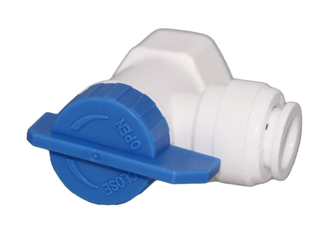 Blue and white valve for compact RO storage tank, open and close markings visible