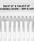 Reversible Gray And White Rail Cover Set With Soft Minky Dot Teething Guard One 51x7 And Two 27 By 7 Covers on crib rails.