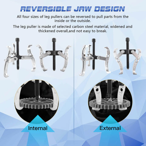 Beast Gear Puller Set With 3, 4, 6 And 8 Inch Pullers And 2 And 3 Jaw Hubs Bearing Separator, reversible jaw design, internal external pulling examples
