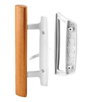 Mortise Style Reversible Sliding Patio Door Handle Set With Oak Wood Interior Handle And Exterior Pull In White Diecast Finish