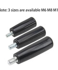 Three rotating handwheel handles in different thread sizes M6, M8, M10 displayed against a white background.