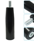 Close-up of black revolving handwheel machine handle with M10 x 100 mm thread for lathe machines, chrome plated for durability.