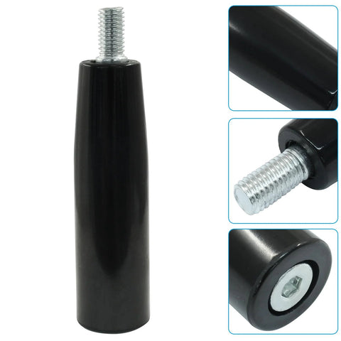 Close-up of black revolving handwheel machine handle with M10 x 100 mm thread for lathe machines, chrome plated for durability.