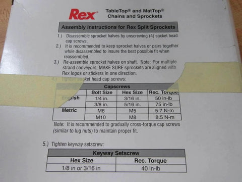 Assembly instructions and specifications for Rex tabletop and mat top chains and sprockets.