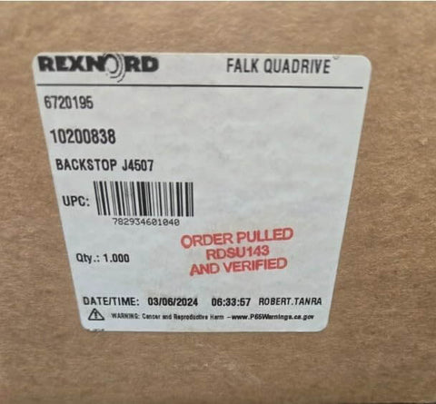 Shipping label for Workhorse Backstop J4507 For Mechanical Power Transmission And Industrial Automation, Rexnord Falk.
