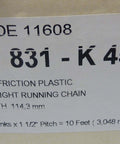 Label of Flat Top Conveyor Chain 10ft Brown 114mm Wide Rexnord LF831-K450 Industrial Grade Durable Heavy Duty Link in packaging.