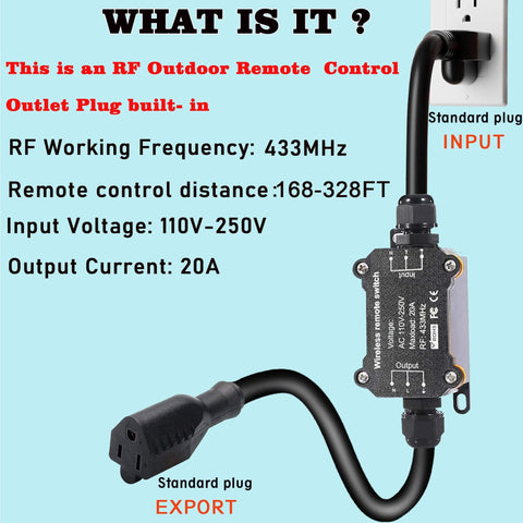 Remote Control Power Switch For Outdoor Use Waterproof Wireless Light Switch With 165 Feet Range Plug And Play Supports 110V 120V 250V 20A RF Module Relay Weatherproof Smart Socket For Patio Garden Garage Electrical Equipment