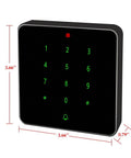 Front view of 13.56MHZ RFID Door Access Control with Keypad, waterproof aluminum frame, dimensions 3.66 x 3.66 x 0.79 inches.
