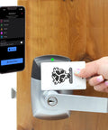 RFID Commercial Lever Door Lock With App Access Control And Includes 2 NFC Keycards Left Hand being unlocked with NFC card