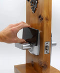 RFID Commercial Lever Door Lock With App Access Control And Includes 2 NFC Keycards Left Hand shown with phone unlocking