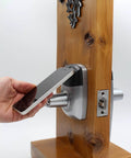 NFC smartphone unlocking RFID Commercial Lever Door Lock with App Access Control and includes 2 NFC keycards left hand on wood panel.