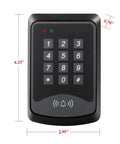 Front view of 125KHz RFID Keypad Panel for Door Access Control with dimensions, 1000 user capacity, fire-resistant ABS material.
