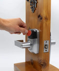 Hand unlocking RFID Commercial Lever Door Lock With App Access Control And Includes 2 NFC Keycards Left Hand on wooden mount