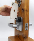 Demonstration of RFID Commercial Lever Door Lock With App Access Control And Includes 2 NFC Keycards Left Hand being unlocked with smartphone