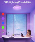 Bathroom with RGB lights and a woman in a bathtub under Bathroom Exhaust Fan With Dope RGB Lights 110 CFM Quiet 1 Sone.