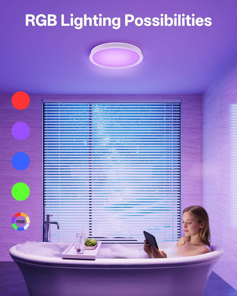 Bathroom with RGB lights and a woman in a bathtub under Bathroom Exhaust Fan With Dope RGB Lights 110 CFM Quiet 1 Sone.