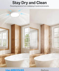Bathroom with installed exhaust fan, showing air circulation effect. Bathroom Exhaust Fan With Dope RGB Lights 110 CFM Quiet 1 Sone Remote Control 3 Color Temperatures And 5 Brightness Levels Easy Install For Bath Shower And Attic Ventilation.