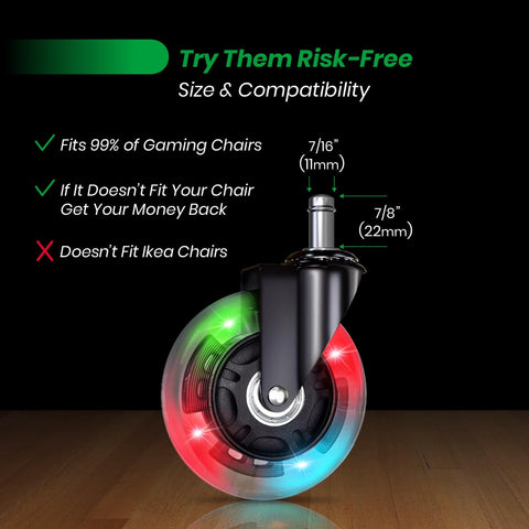 3 Inch Heavy Duty Chair Wheels Replacement Set of 5 With RGB Motion Activated Lighting For Desk Chairs on display