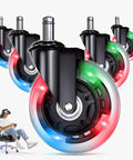 3 Inch Heavy Duty Chair Wheels Replacement Set of 5 With RGB Motion Activated Lighting for Desk Chairs shown installed.