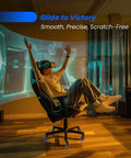 Person in VR headset enjoying smooth ride on a desk chair with 3 Inch Heavy Duty Chair Wheels Replacement Set of 5 With RGB Motion Activated Lighting For Desk Chairs Smooth Inline Caster Wheels Safe for Hard Floors and Low Pile Carpets Universal Fit Easy Rolling.