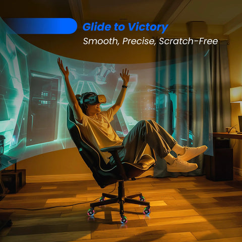 Person in VR headset enjoying smooth ride on a desk chair with 3 Inch Heavy Duty Chair Wheels Replacement Set of 5 With RGB Motion Activated Lighting For Desk Chairs Smooth Inline Caster Wheels Safe for Hard Floors and Low Pile Carpets Universal Fit Easy Rolling.