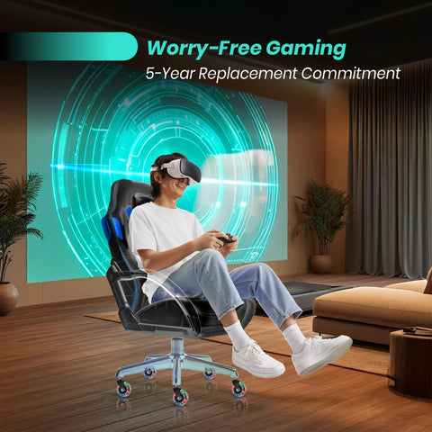 Person using VR headset on chair with 3 Inch Heavy Duty Chair Wheels Replacement Set of 5 With RGB Motion Activated Lighting For Desk Chairs