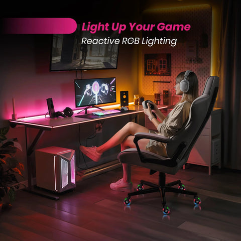 Woman gaming on a desk chair with 3 Inch Heavy Duty Chair Wheels Replacement Set of 5 With RGB Motion Activated Lighting