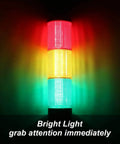 Front view of Industrial Signal Tower Light Set For Factory Floors With RGB LED Indicators 110V 3 tiers LED Andon light illuminated.