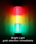 Industrial Tower Stack Lights With RGB LED Signals Andon Lights 110V Three Tier Tower Lamps illuminated in dark setting.