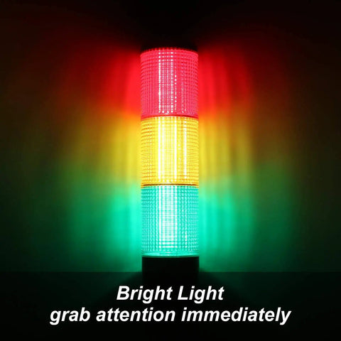 Industrial Tower Stack Lights With RGB LED Signals Andon Lights 110V Three Tier Tower Lamps illuminated in dark setting.