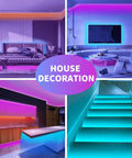 Collage showing 100ft RGB LED Strip Lights with Music Sync and App Control in bedroom, living room, kitchen, and staircase decor.