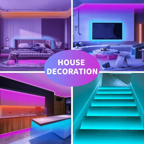 Collage showing 100ft RGB LED Strip Lights with Music Sync and App Control in bedroom, living room, kitchen, and staircase decor.