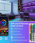 100ft RGB LED Strip Lights With Music Sync And App Control shown in bedroom setup, highlighting mobile app and IR remote features.