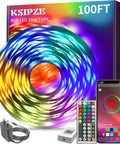 100ft RGB LED Strip Lights with Music Sync and App Control box set featuring LED roll, IR remote, and mobile app interface