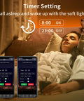 Woman relaxing with 100ft RGB LED Strip Lights With Music Sync And App Control, showing timer setting in bedroom