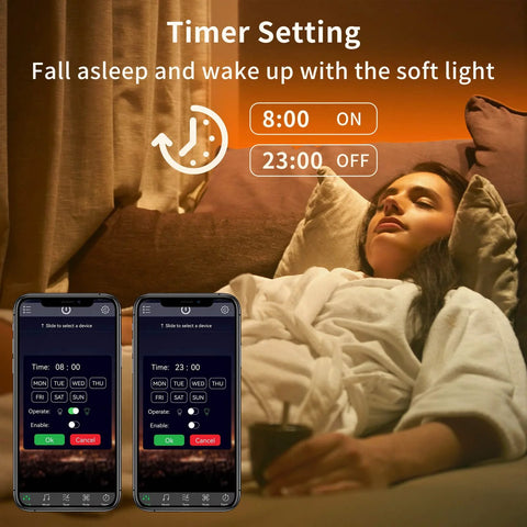 Woman relaxing with 100ft RGB LED Strip Lights With Music Sync And App Control, showing timer setting in bedroom